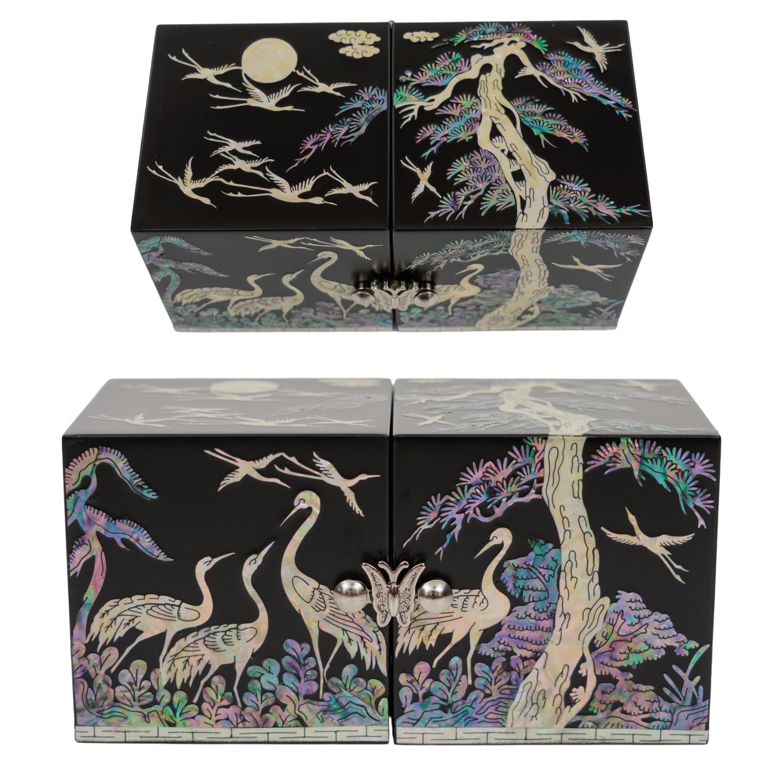 Black lacquer jewelry box with cranes, moon, and pine tree inlaid in shimmering mother-of-pearl