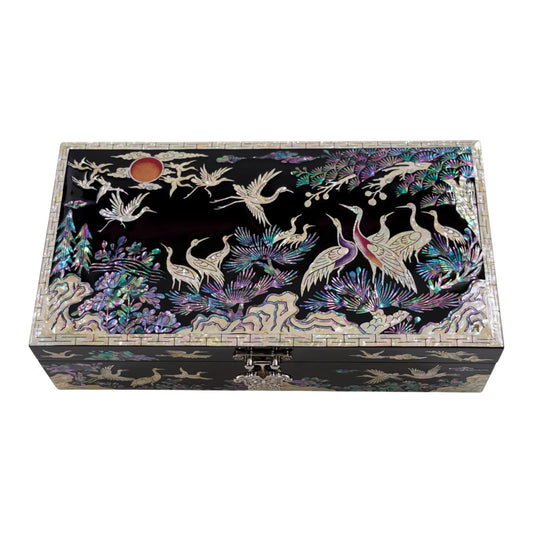 Black lacquer jewelry box with mother-of-pearl inlay featuring cranes, pine trees, and floral motifs, rectangular decorative storage box