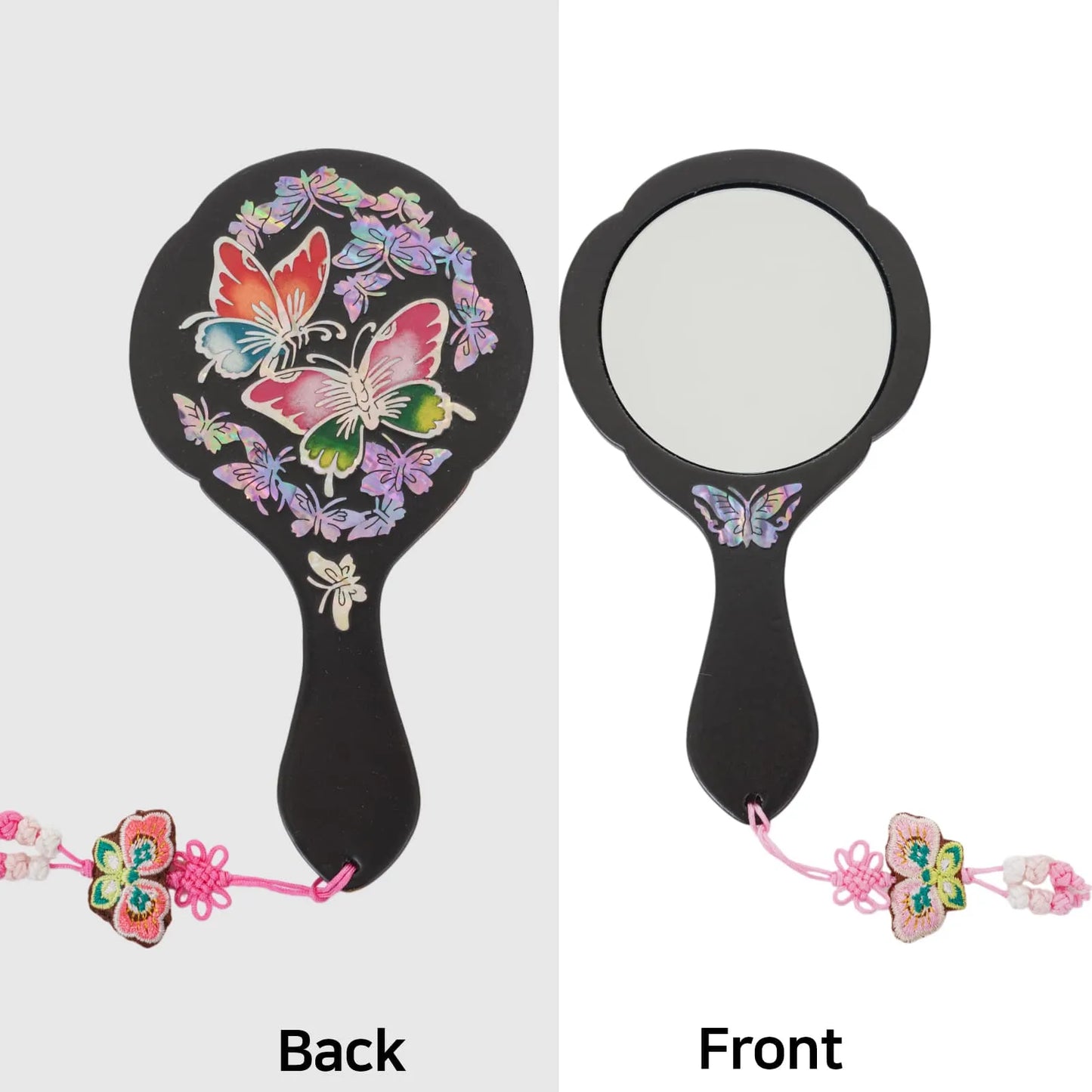 Black mirror, front and back, with butterfly design and pink tassel