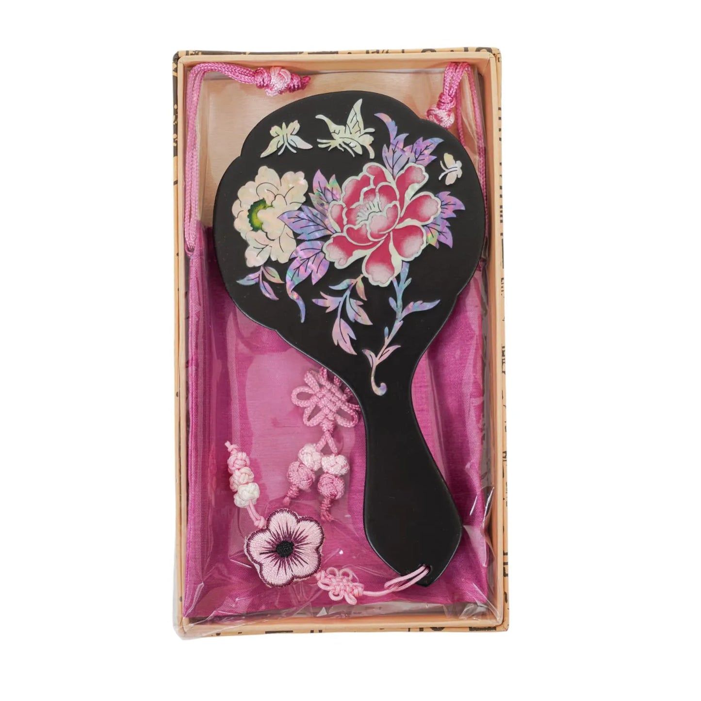Black mirror with pink peony and butterfly design in gift box with floral pink pouch