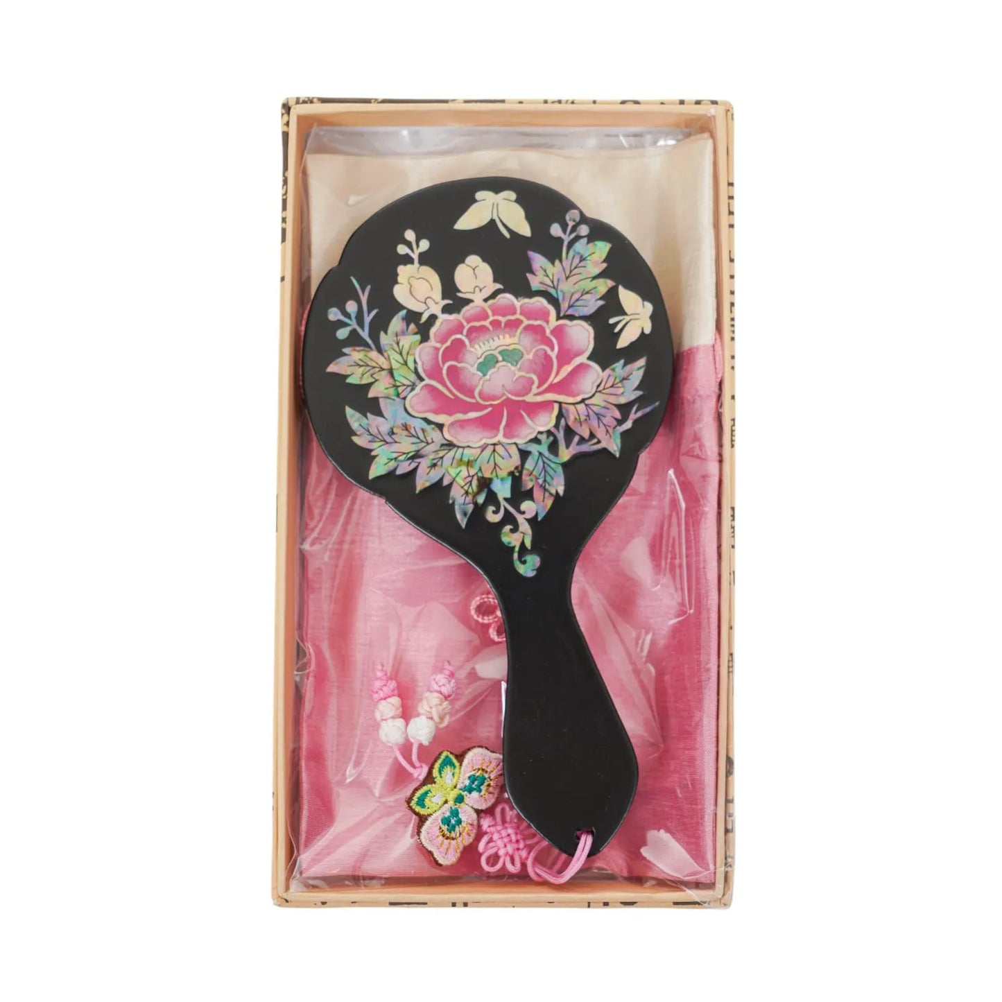 Black mirror with vivid peony inlay and butterflies in pink pouch gift set