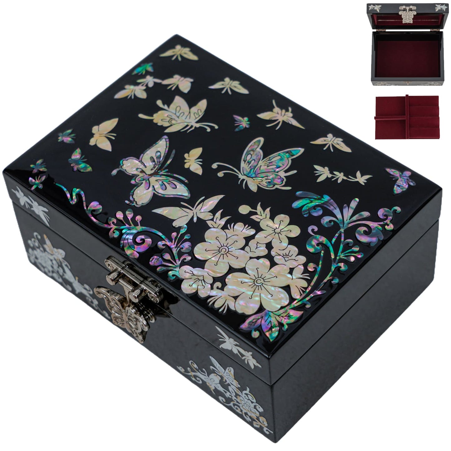 Black mother-of-pearl jewelry box with butterfly and floral inlay, shown closed and open