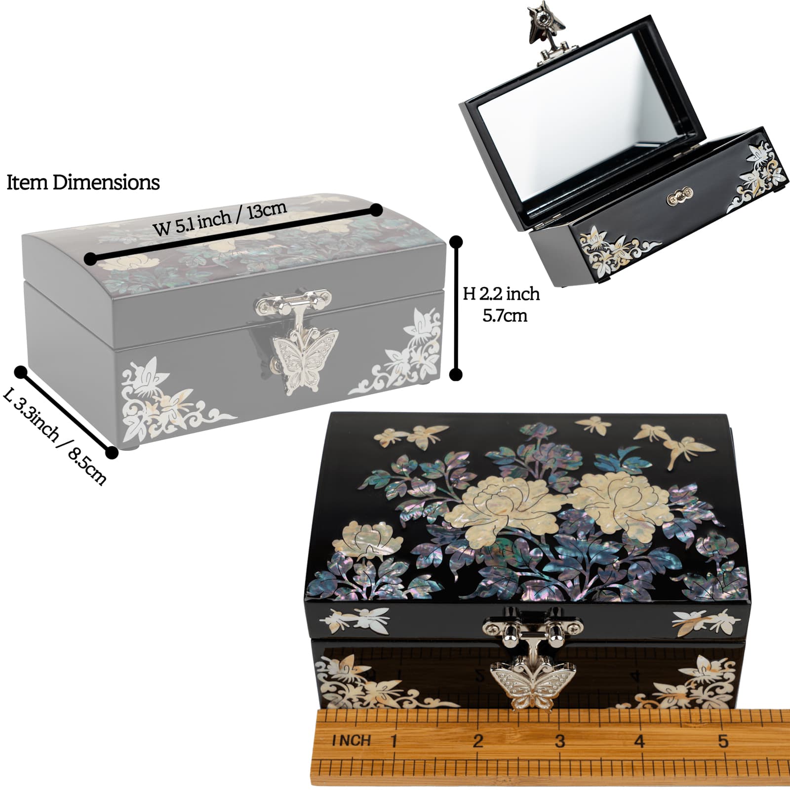 Black mother-of-pearl jewelry box with floral design, measuring 5.1 x 3.3 x 2.2 inches, with mirror lid.