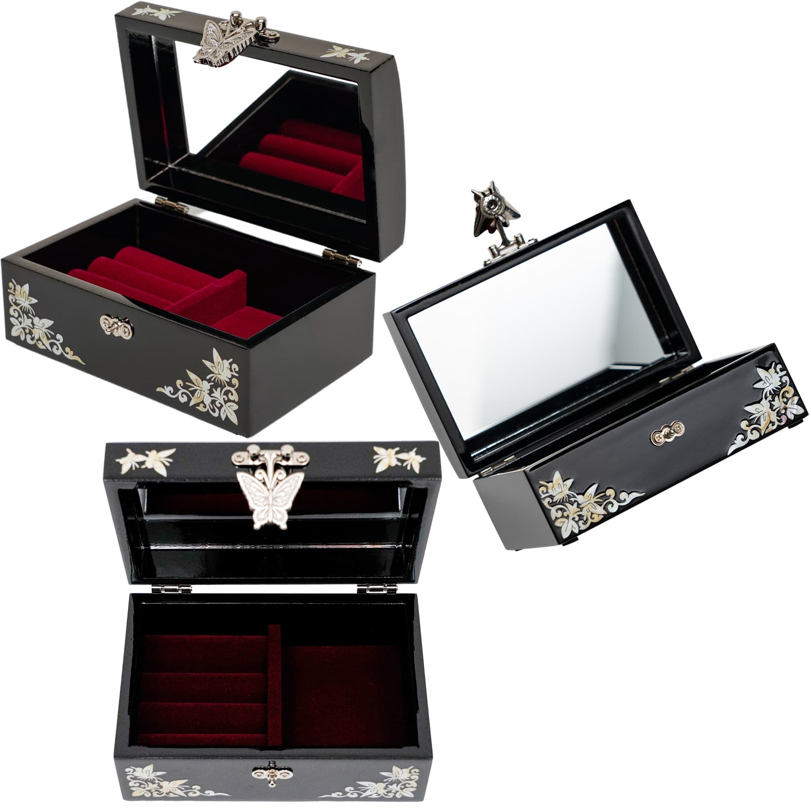 Black mother-of-pearl jewelry box with red velvet interior and mirror lid, decorated with floral patterns