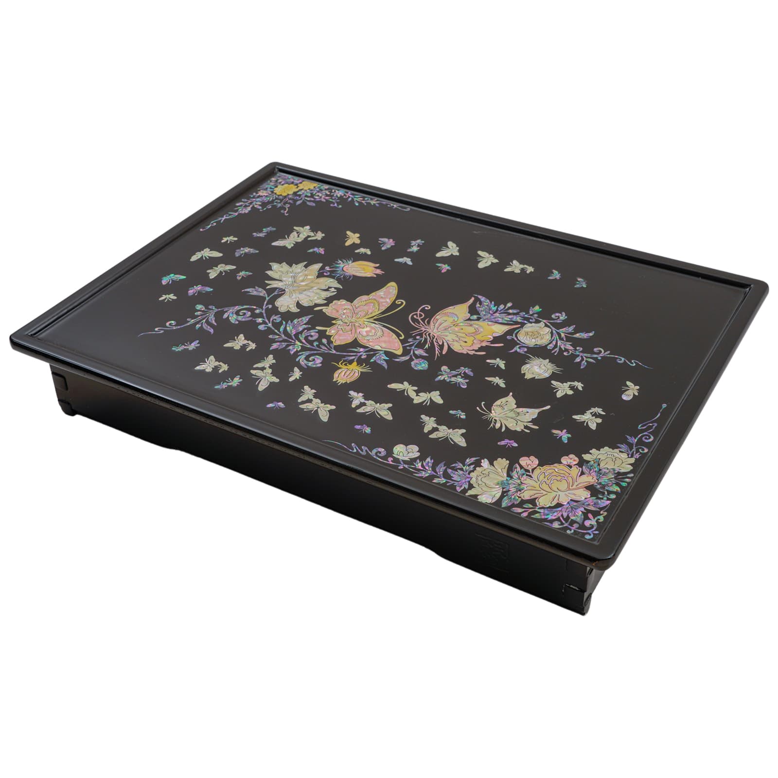 Black rectangular tray with colorful floral and butterfly inlay design, without visible legs.