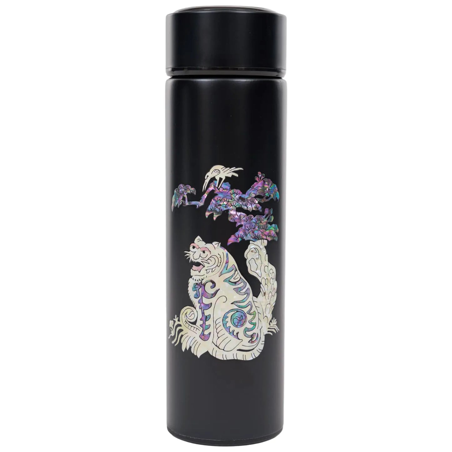 Black tumbler with mother-of-pearl magpie-tiger and pine tree design