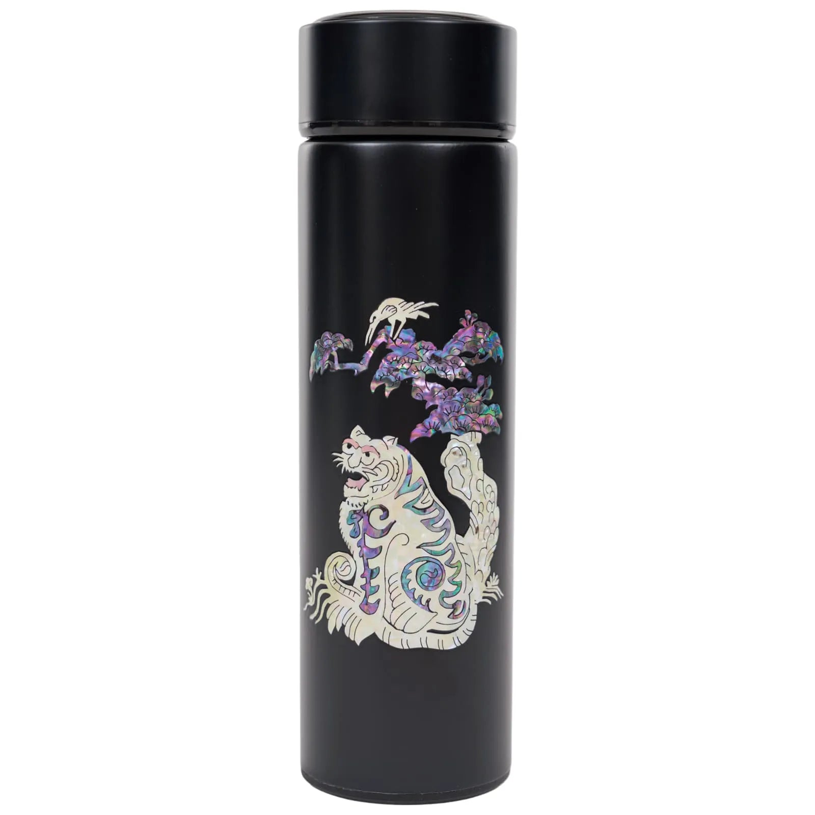 Black tumbler with mother-of-pearl magpie-tiger and pine tree design