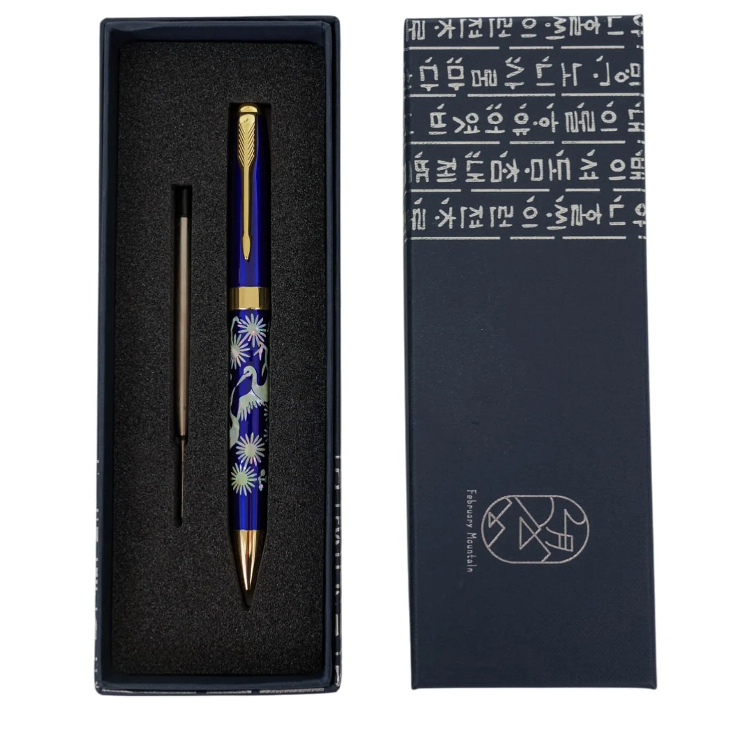 Blue crane pen in gift box with refill, Korean script on lid