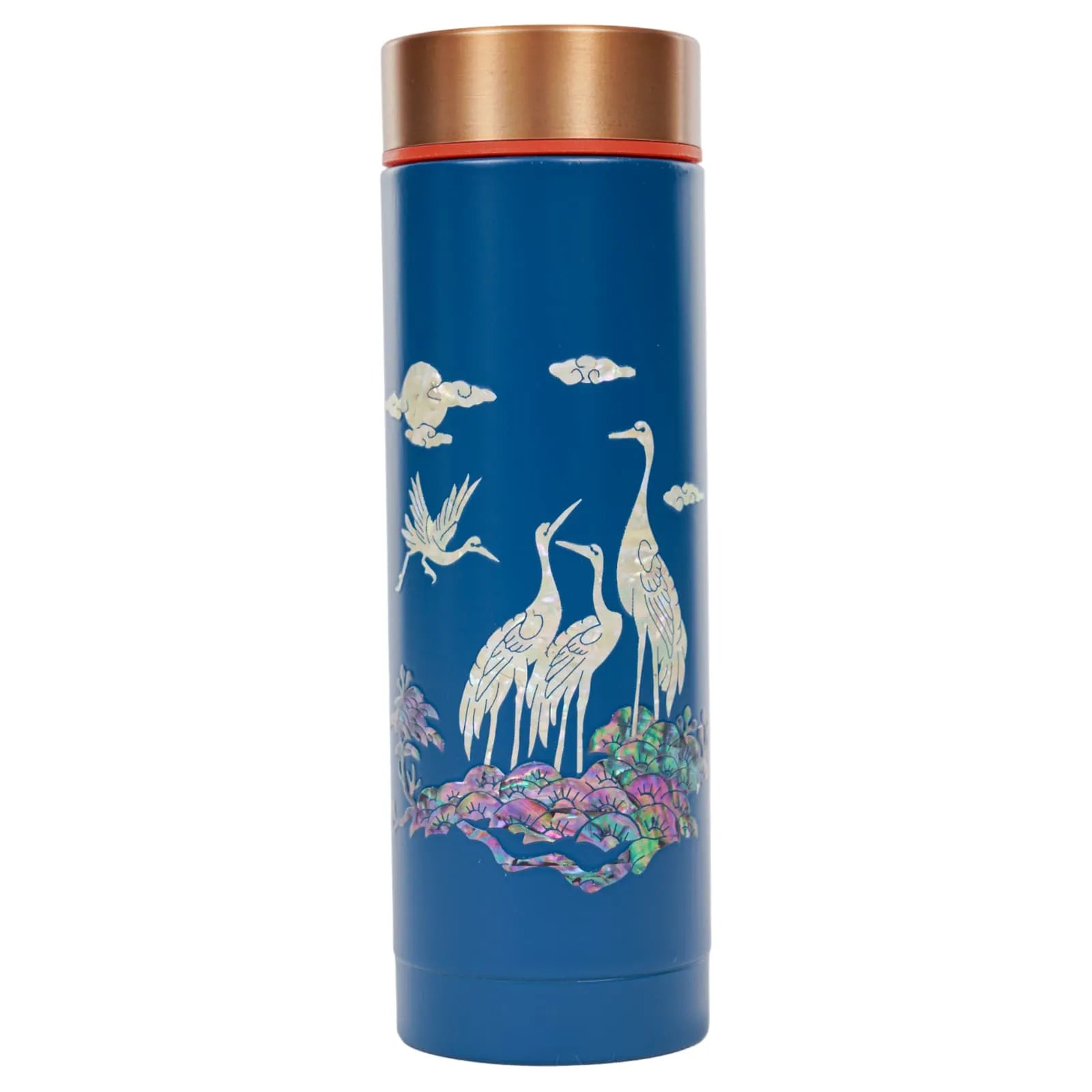 Blue tumbler with cranes and clouds, mother-of-pearl finish, gold lid attached