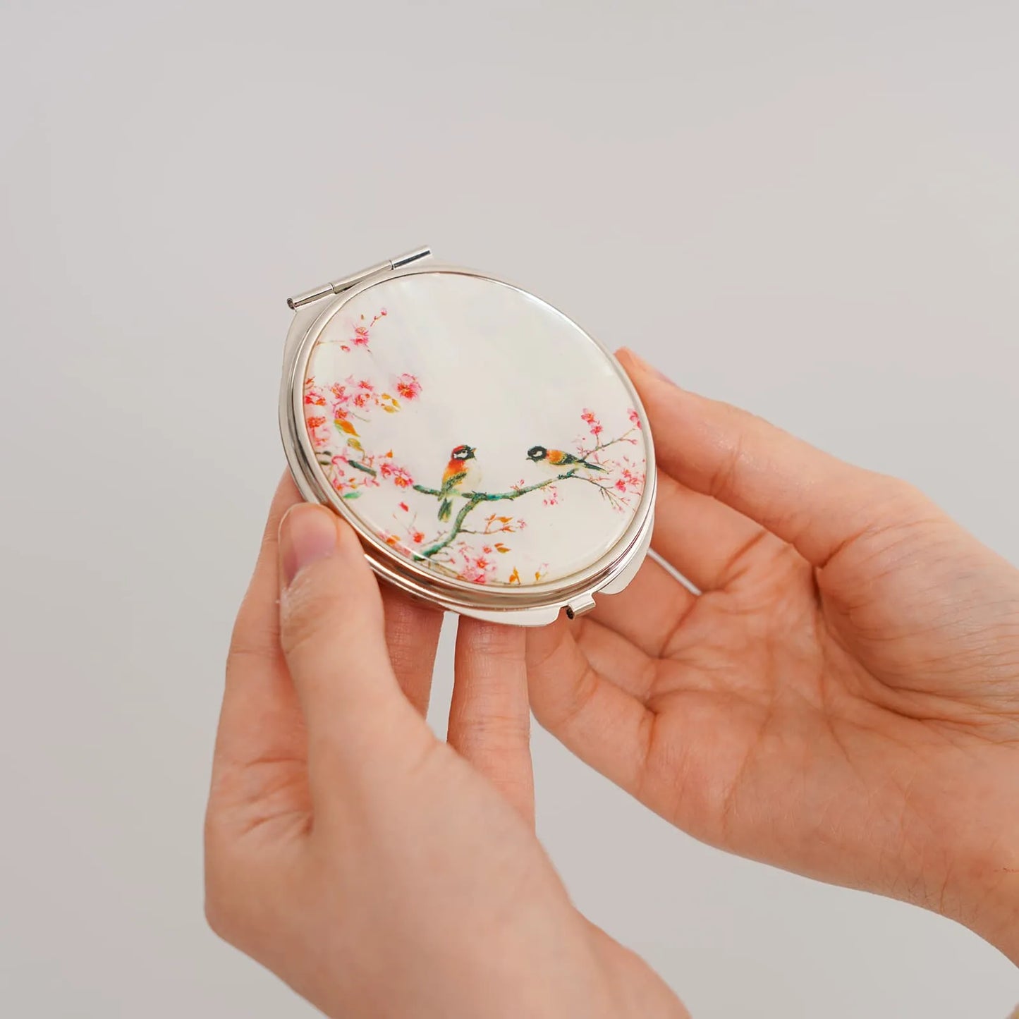Close-up of cherry blossom and bird design mirror held in hands
