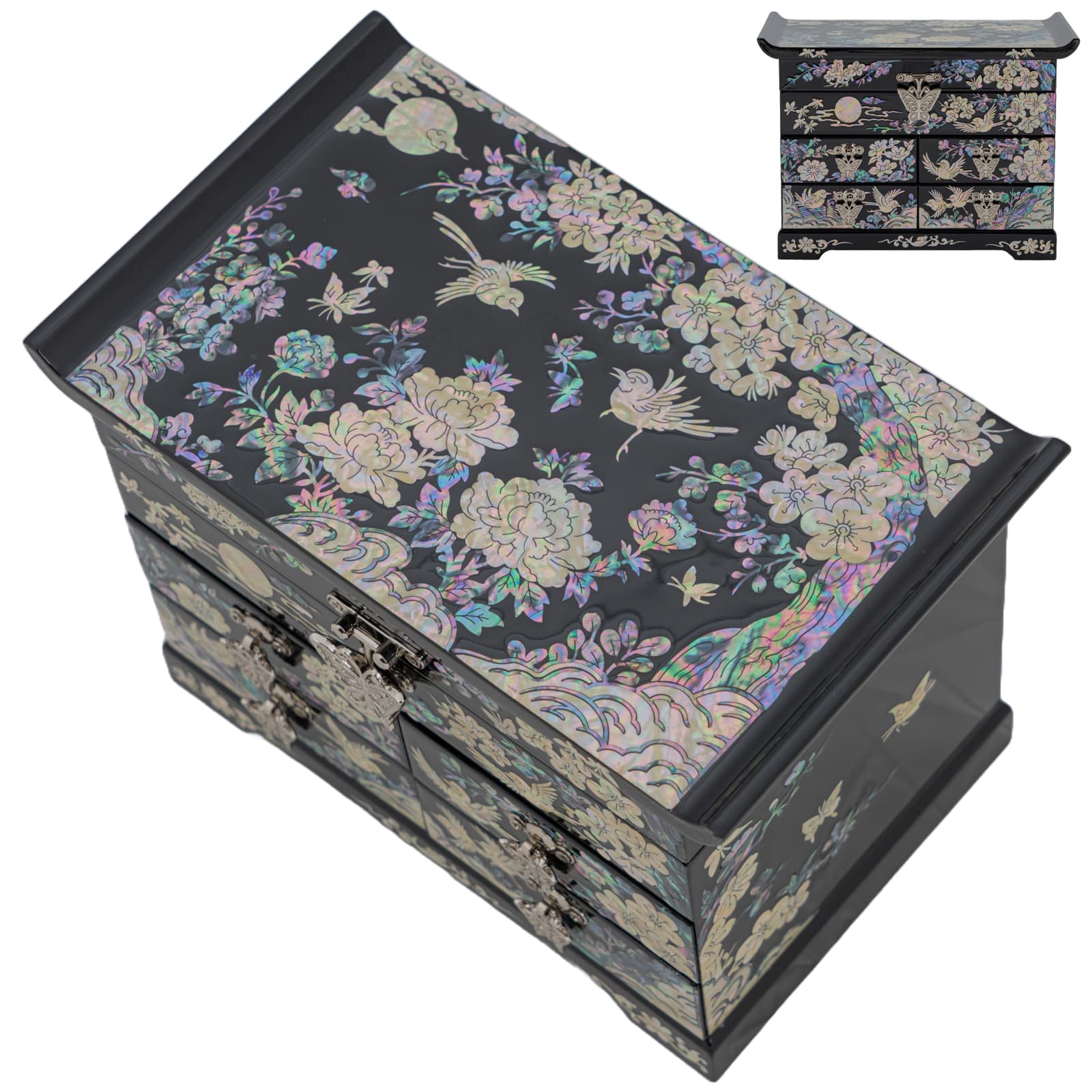 Closed black jewelry box with mother-of-pearl floral and bird designs, showing both angled and front views.