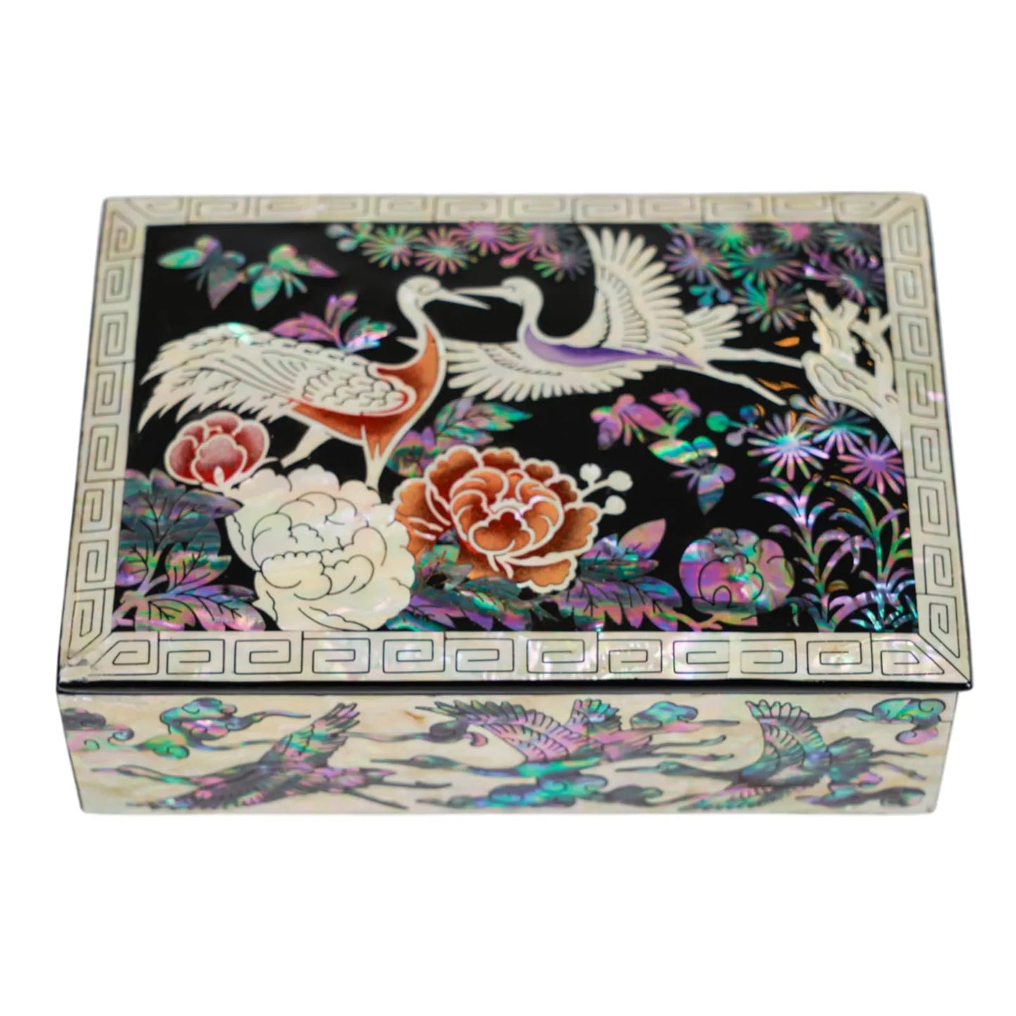 Mother-of-Pearl Trinket Box – Cranes & Peonies on Black Lacquer