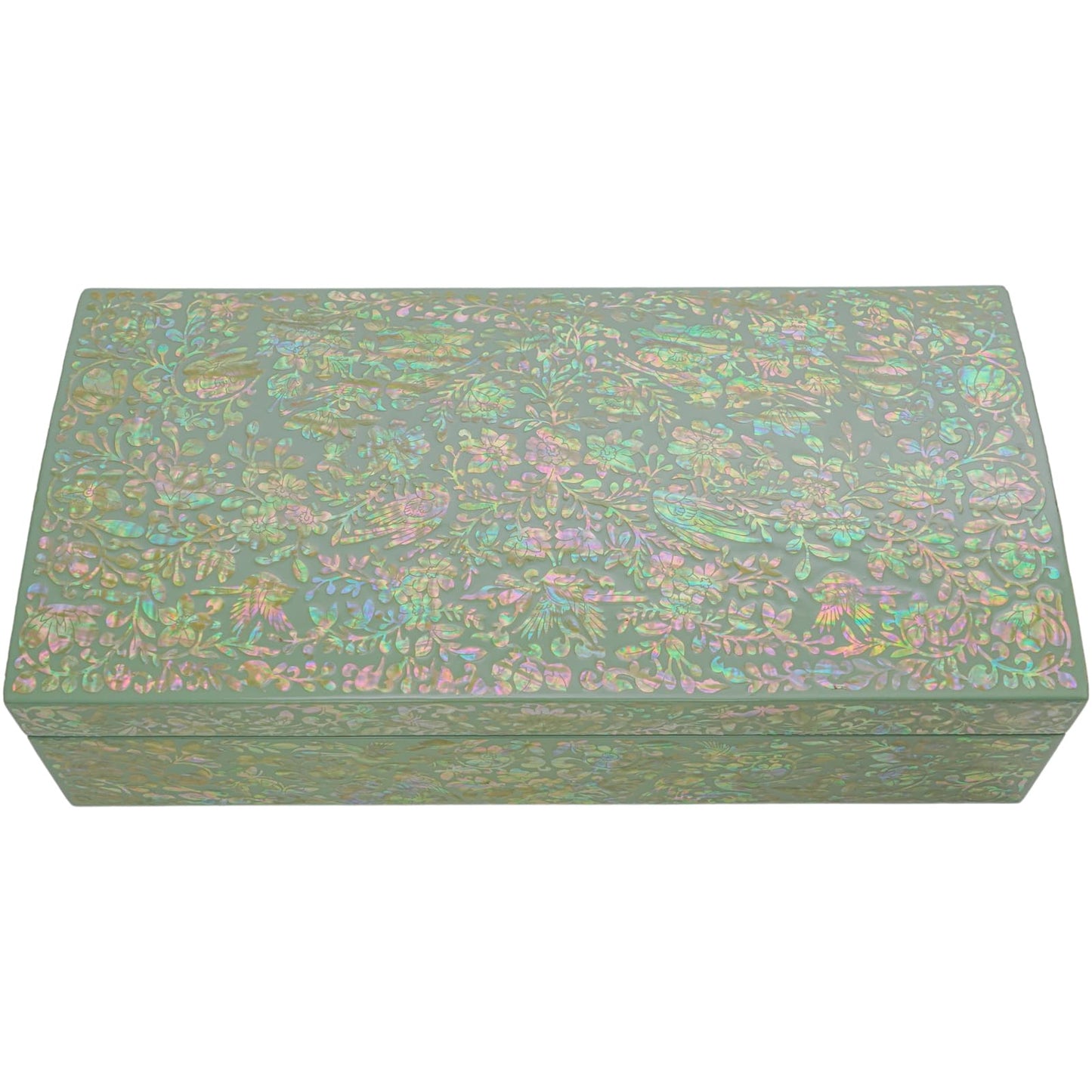 Closed mint green jewelry box with vibrant floral mother-of-pearl inlay