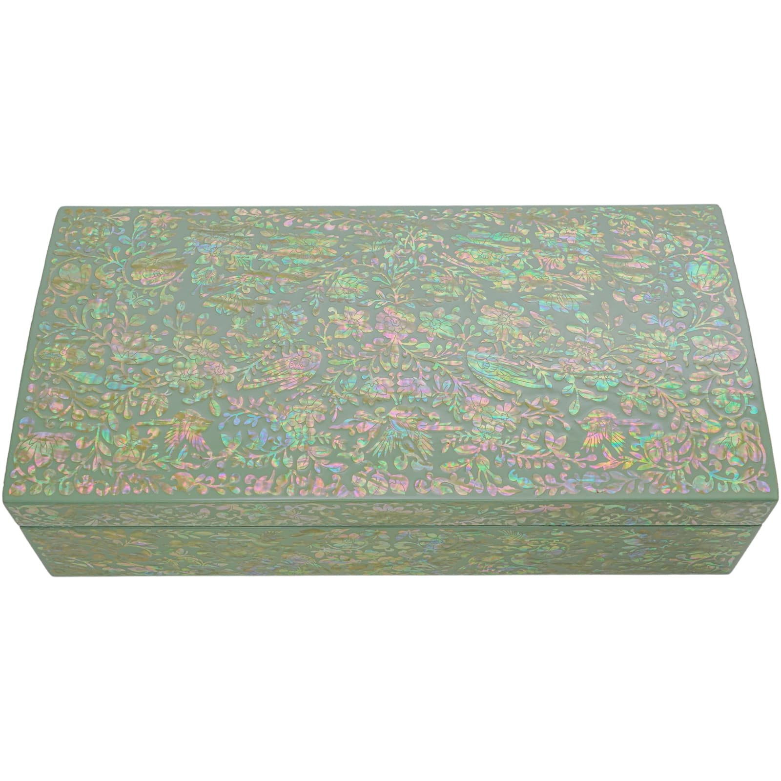 Closed mint green jewelry box with vibrant floral mother-of-pearl inlay