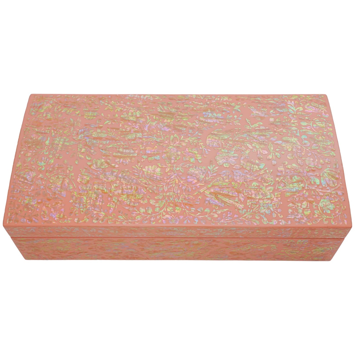 Closed peach jewelry box with vibrant mother-of-pearl floral patterns