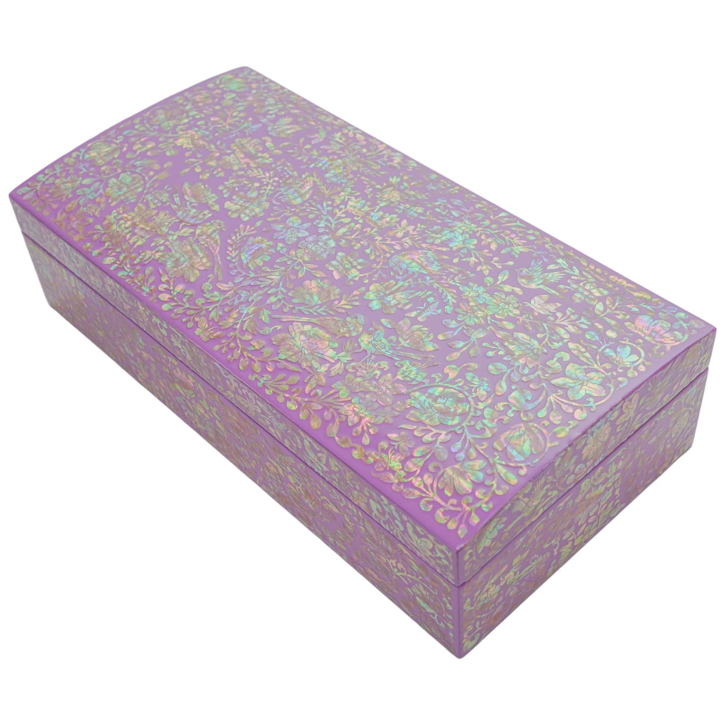 Closed purple jewelry box with shimmering floral mother-of-pearl inlay