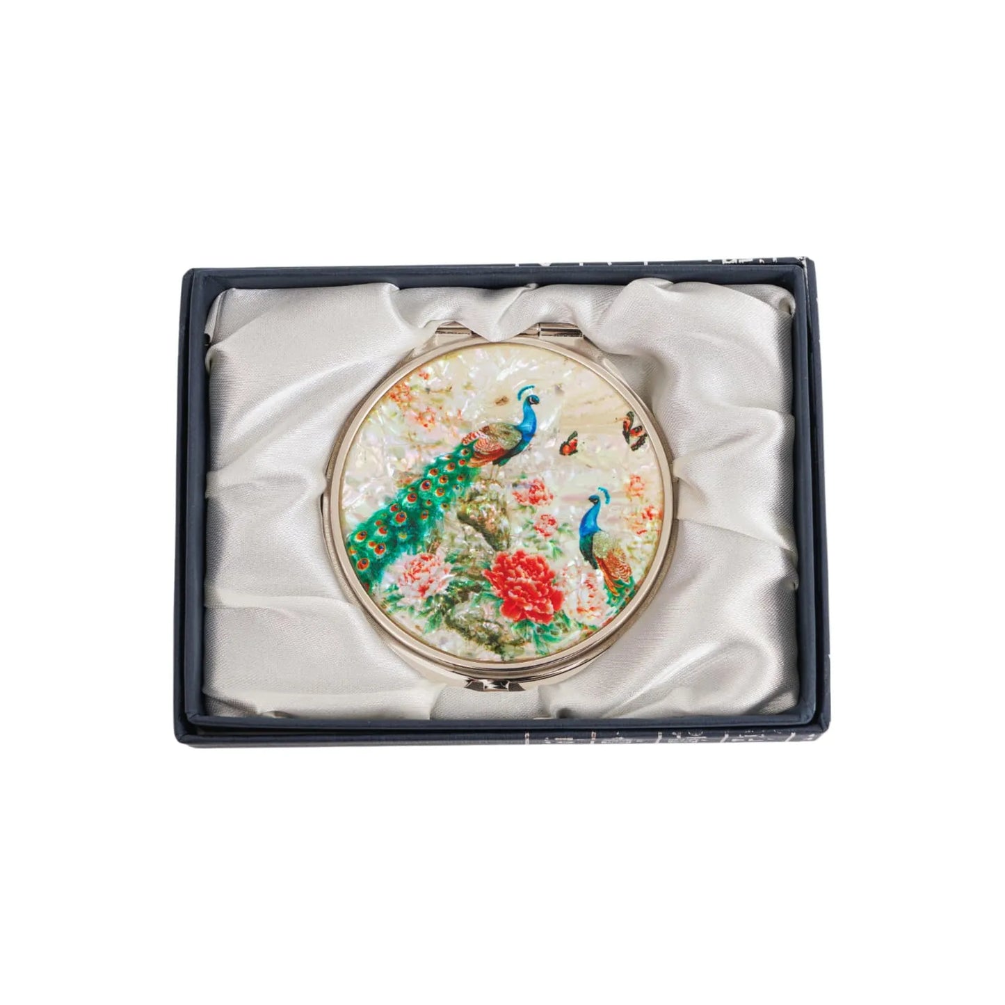 Compact mirror with peacock motif in gift box lined with satin