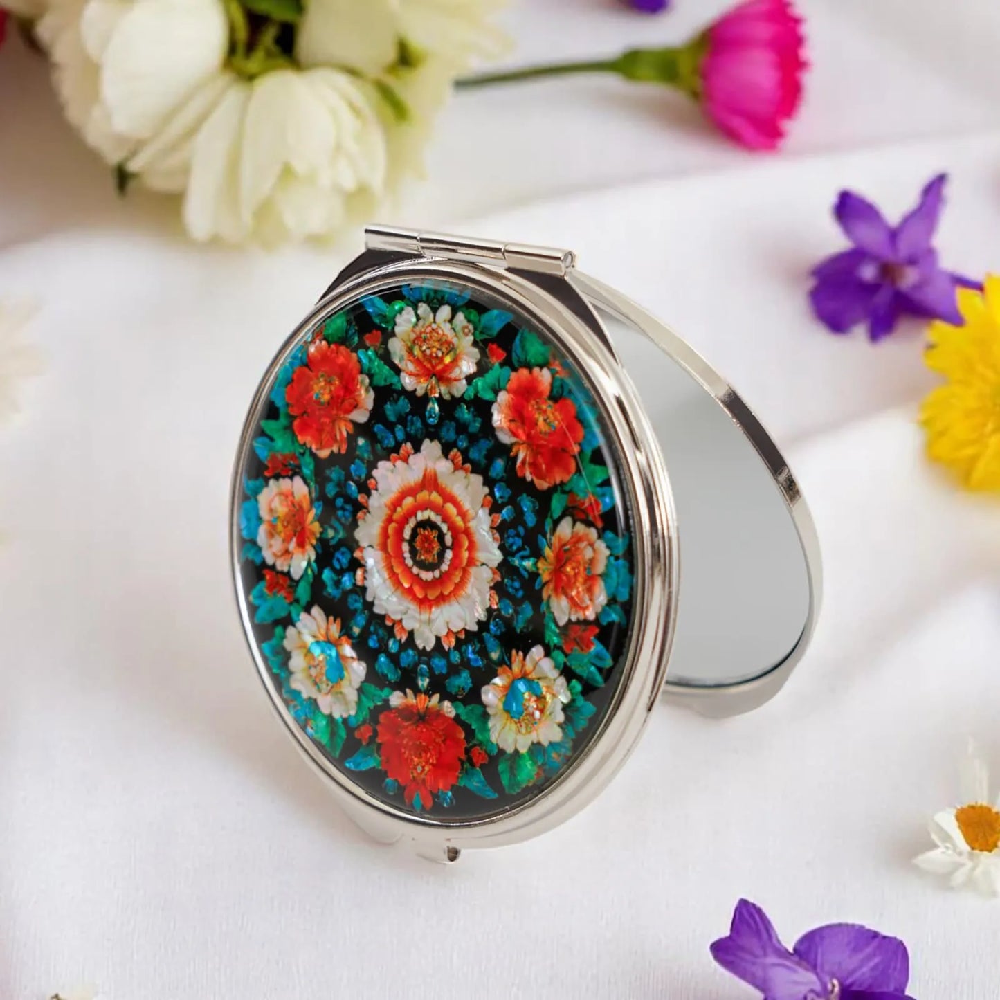 Compact mirror with vivid flower mandala on black mother-of-pearl