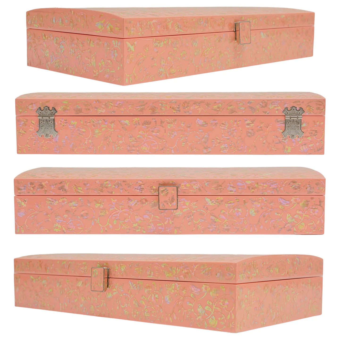 Coral jewelry box side and angle views with floral design