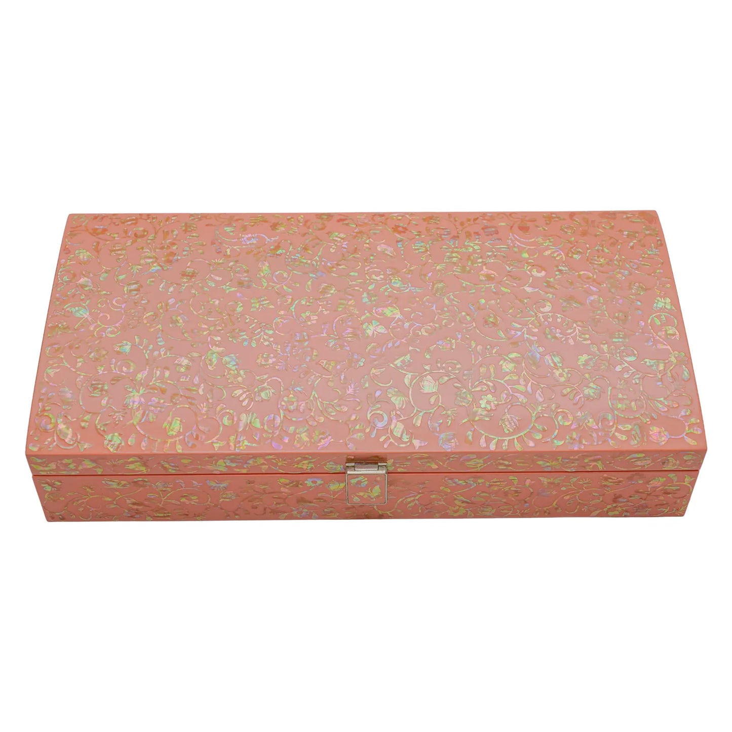 Coral jewelry box top view showing intricate floral inlay