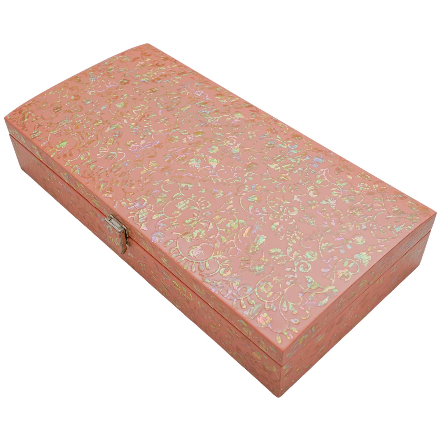 Coral lacquer jewelry box with floral mother-of-pearl inlay