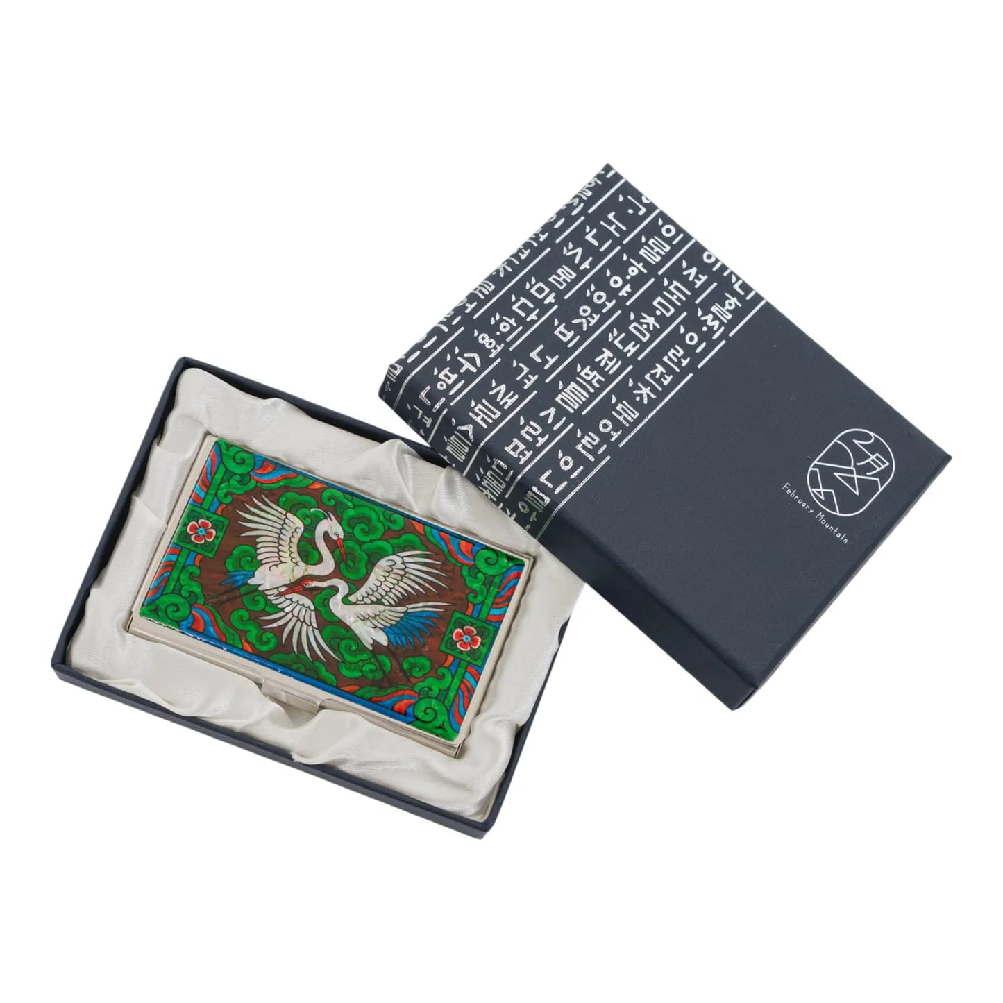 Crane design card case displayed in black gift box with Korean script