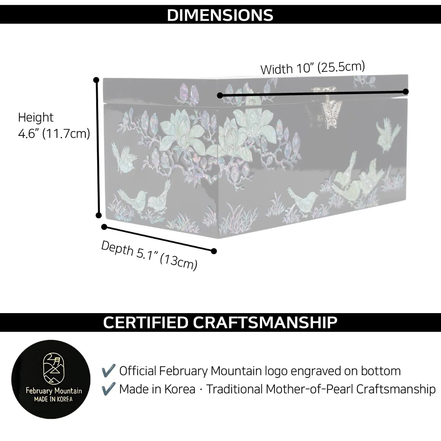 Dimension guide showing 10 in × 5.1 in × 4.6 in tissue box and certified craftsmanship info