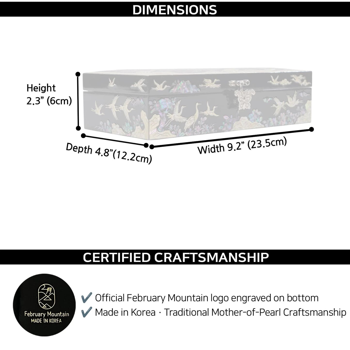 Dimensions diagram of black lacquer mother-of-pearl jewelry box showing width, depth, and height measurements