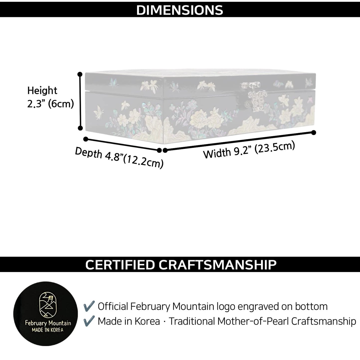Dimensions diagram of black lacquer mother-of-pearl jewelry box showing width, depth, and height measurements