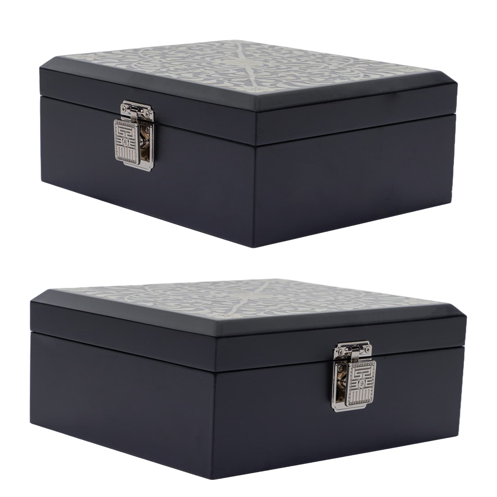 Elegant black lacquered jewelry box with a silver latch, featuring intricate mother-of-pearl inlay