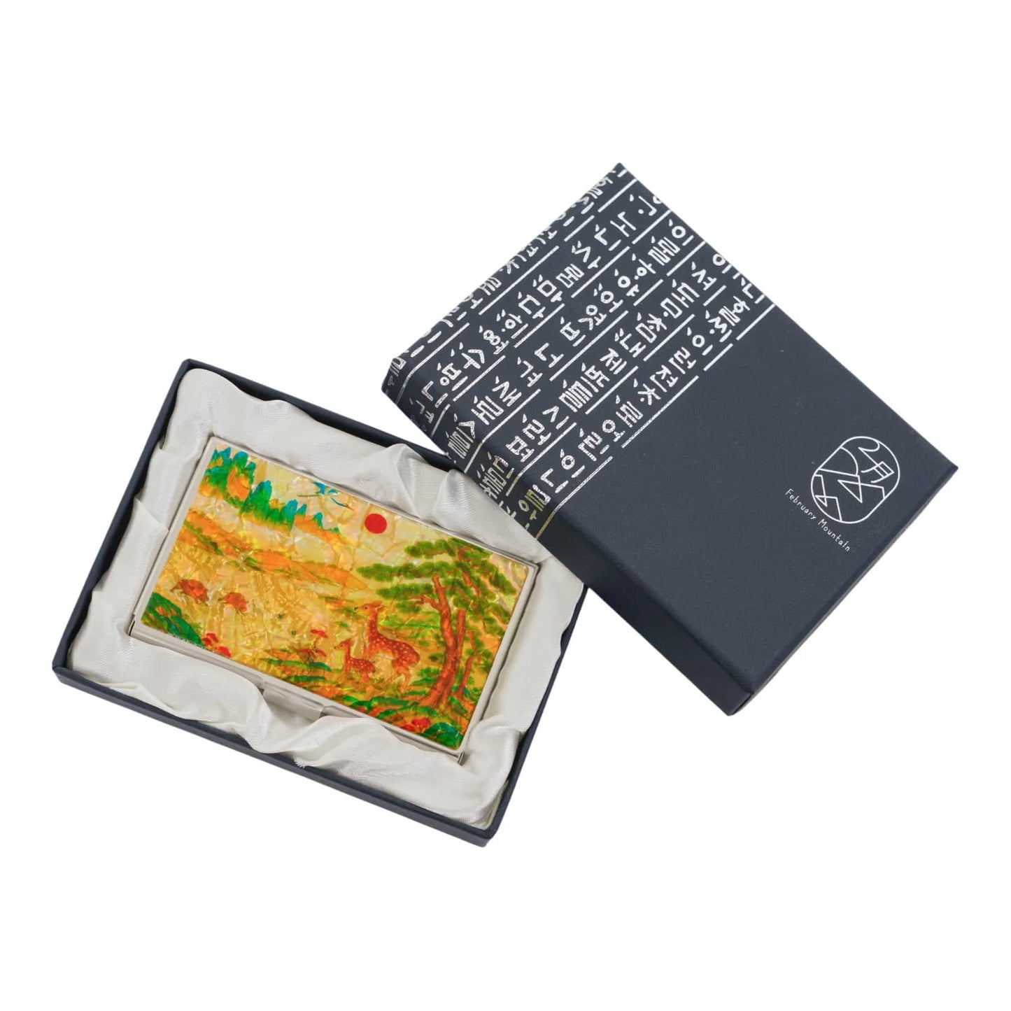 Elegant gift box opened to show golden Korean mother-of-pearl card case