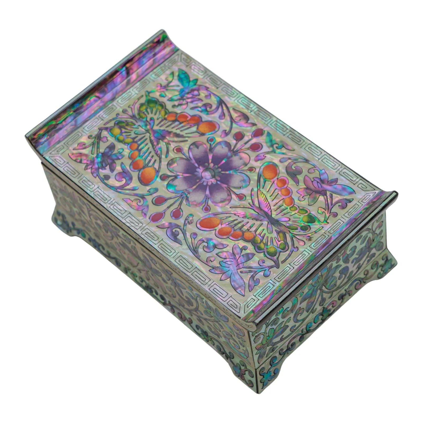 Floral and butterfly mother-of-pearl lacquer box with curved top edges, front view