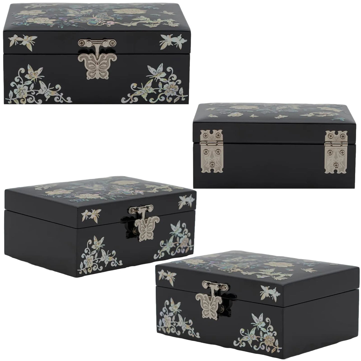 Four black jewelry boxes, each adorned with mother-of-pearl butterlfy designs and unique metal clasps.