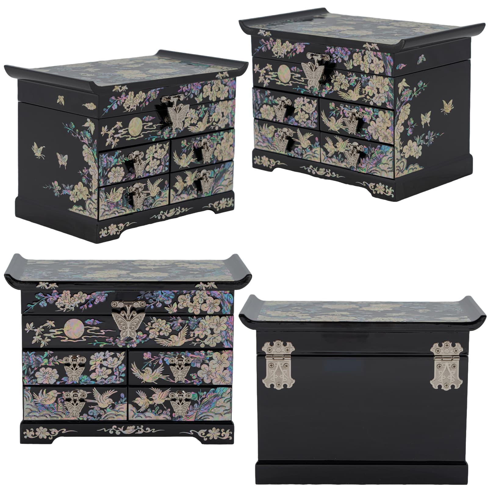 Four mother-of-pearl jewelry boxes with floral and bird designs on black bases in various styles.