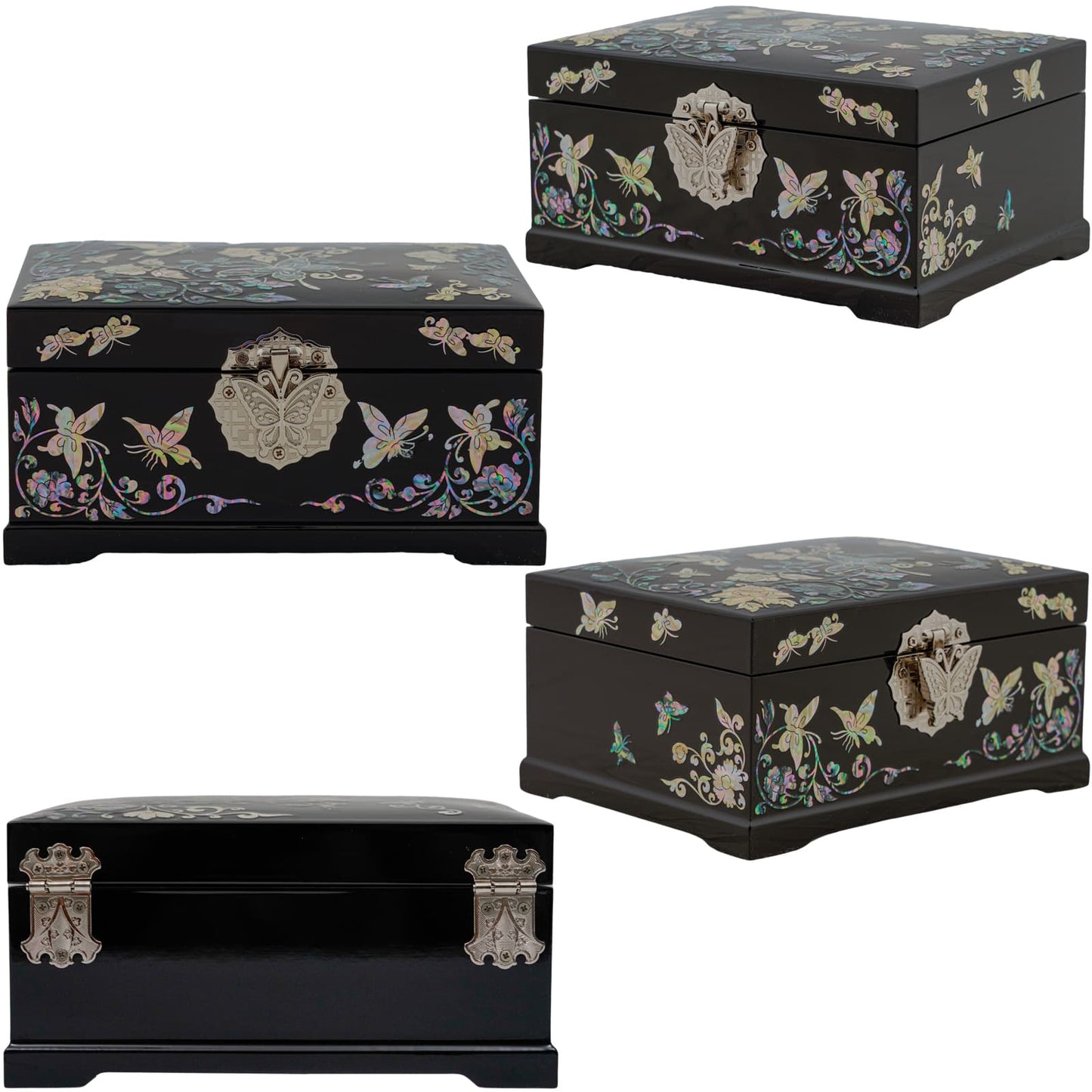 Four views of a black jewelry box with mother-of-pearl inlay depicting butterflies and florals, featuring ornate metal clasps on the lid and front.
