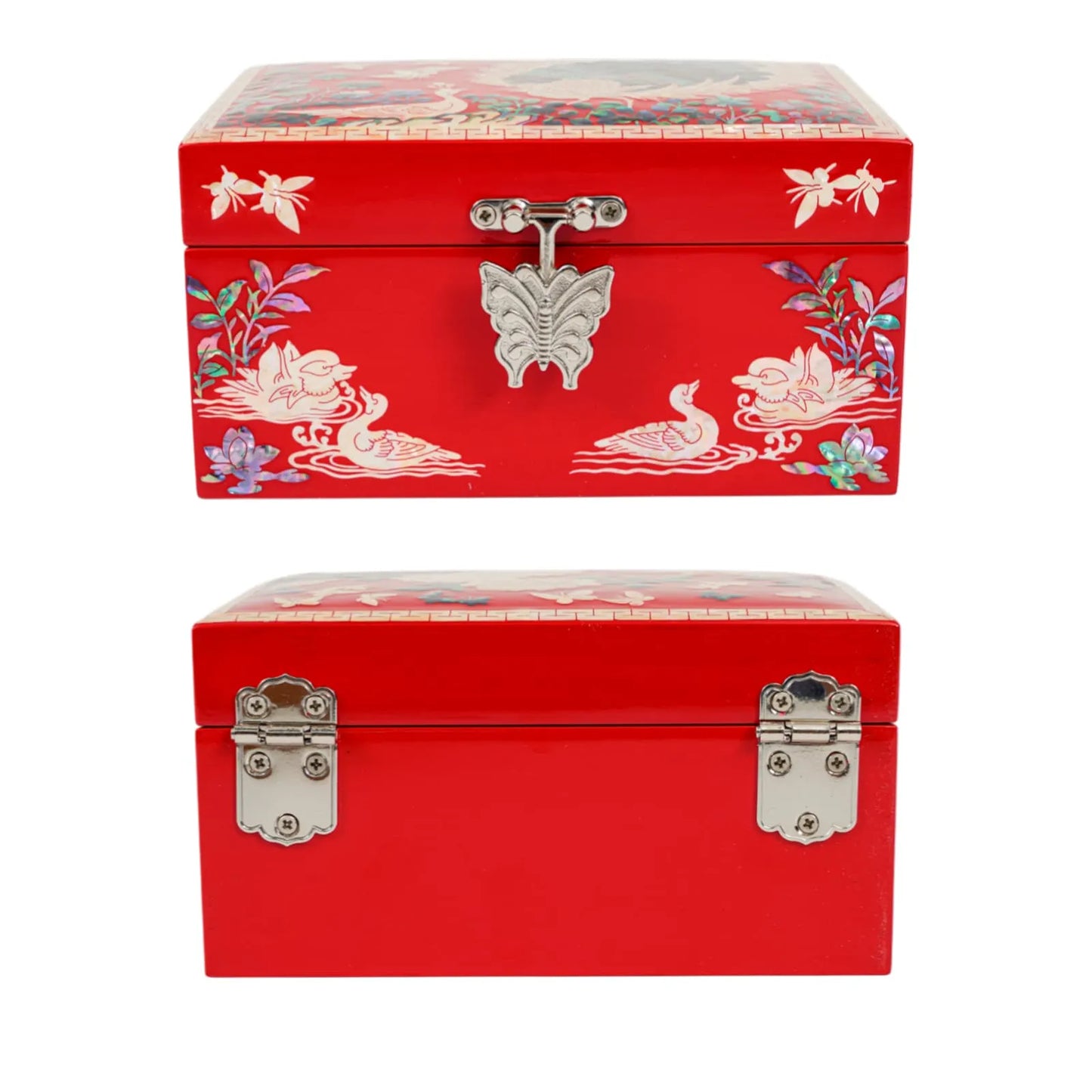 Front and back view of red mother-of-pearl jewelry box with swan and butterfly clasp