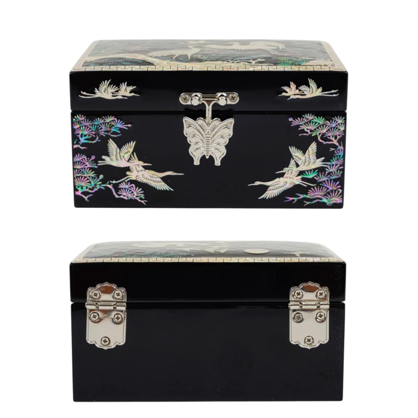 Front and back views of black jewelry box with flying cranes and silver butterfly clasp