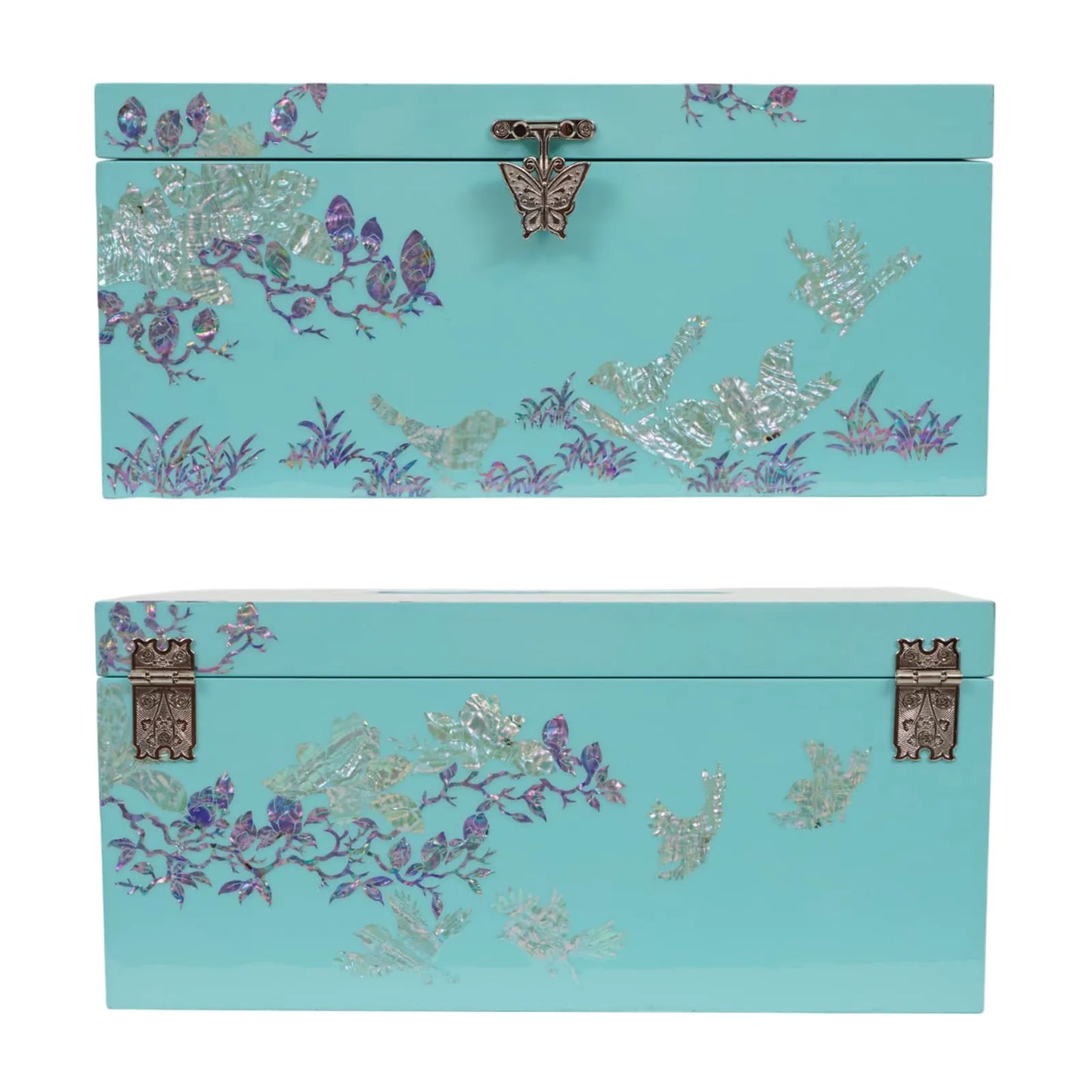 Front and back views of turquoise tissue box with abalone bird and floral inlay