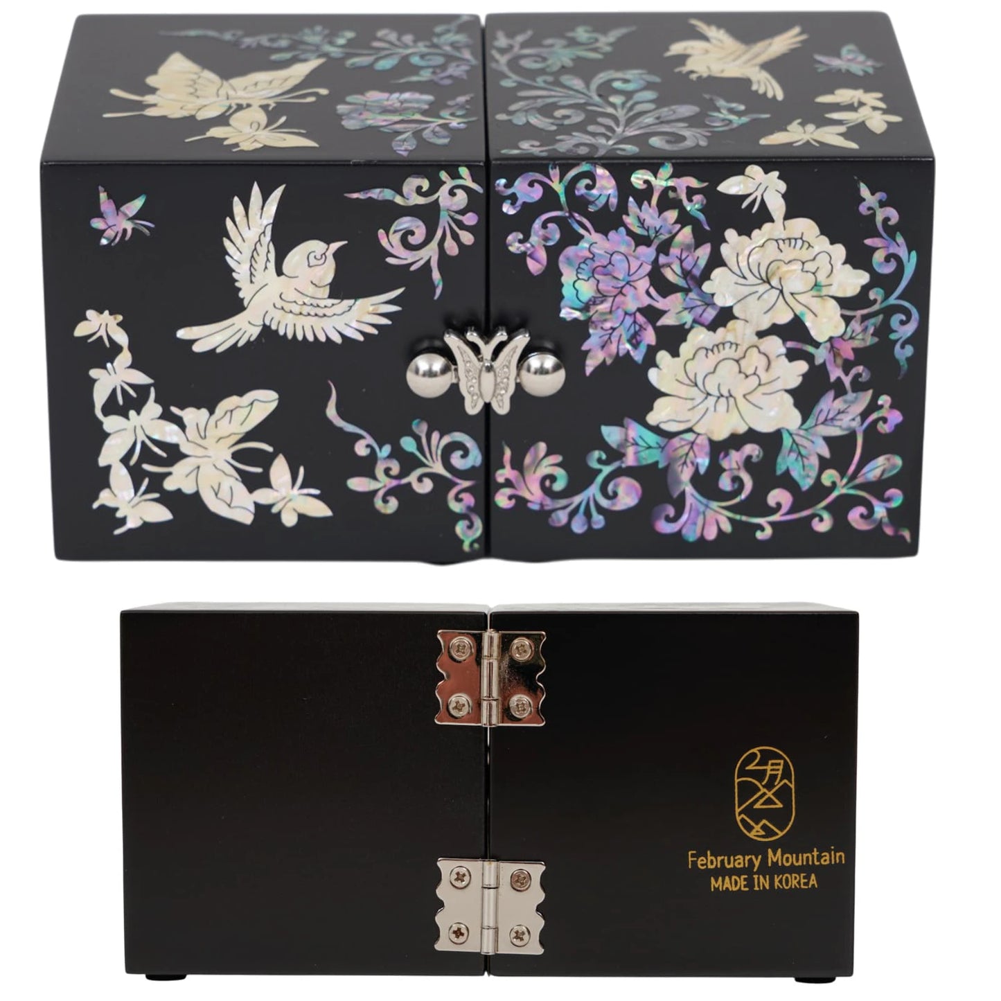Front butterfly clasp and back hinges of black lacquer folding jewelry box with butterflies, showing official logo