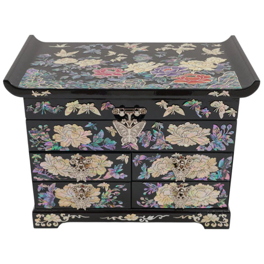 Front view of black lacquer jewelry box with ornate peony inlay