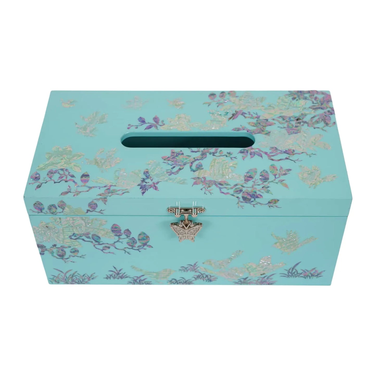 Front view of turquoise mother-of-pearl tissue box with butterfly clasp and inlay