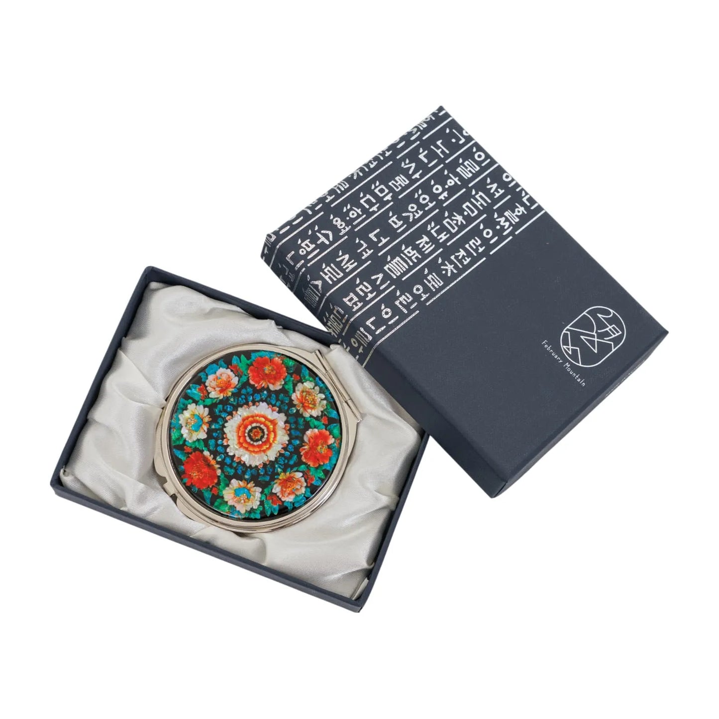 Gift boxed floral compact mirror with Korean typography packaging