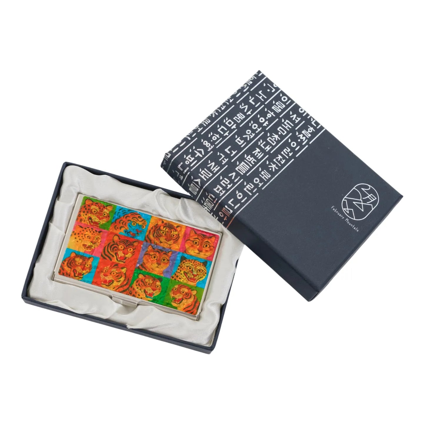 Gift box with Korean text containing a tiger face card case inside