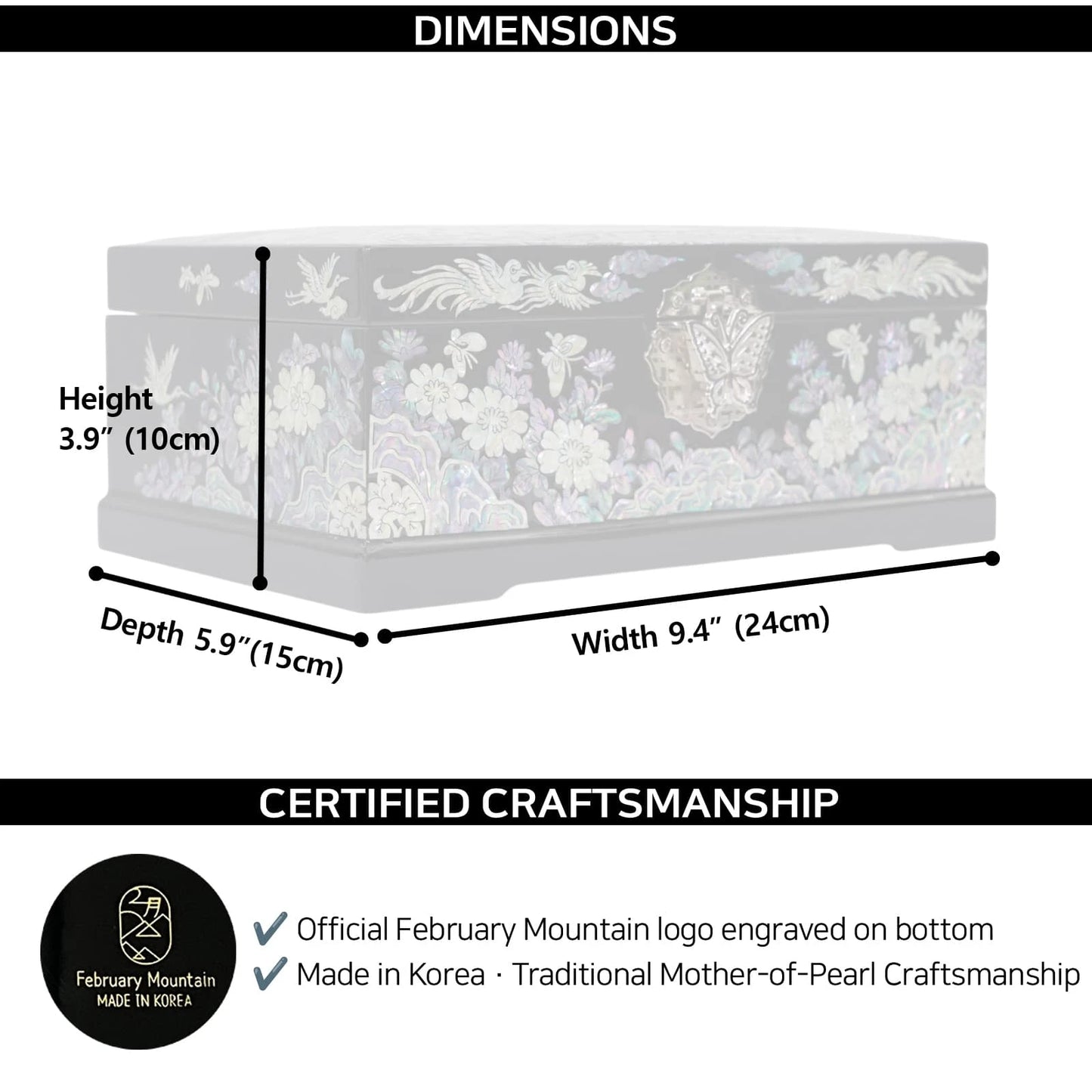 Graphic showing dimensions of black mother of pearl jewelry box, height 3.9 inches, depth 5.9 inches, width 9.4 inches