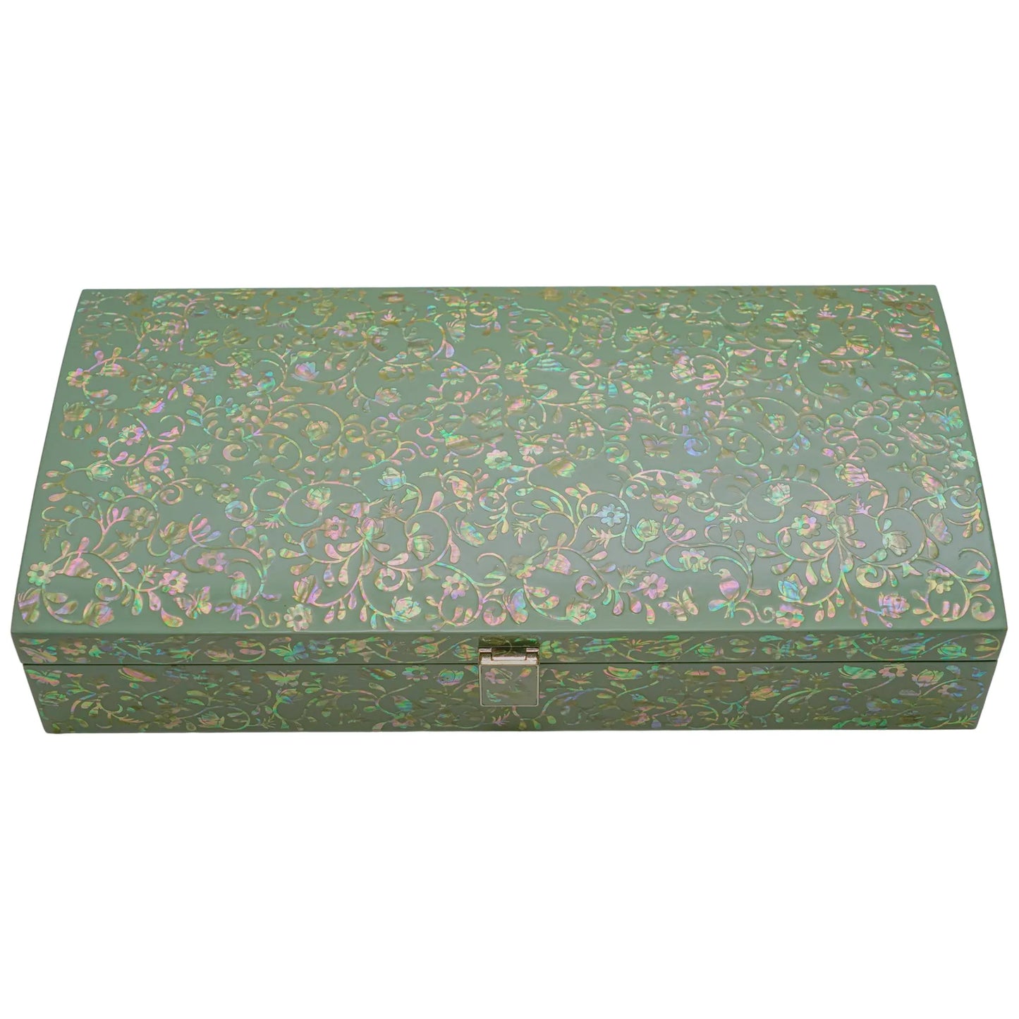 Green lacquer jewelry box with floral mother-of-pearl inlay