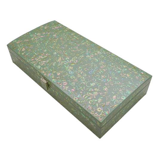 Green mother-of-pearl floral lacquer box with delicate iridescent inlay pattern