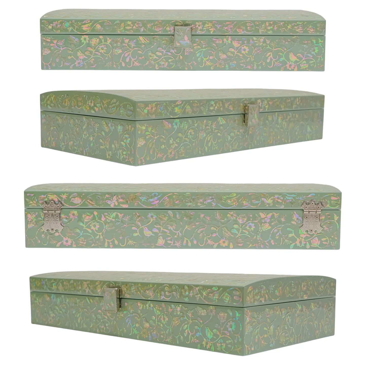 Green mother-of-pearl jewelry box, side and angle views