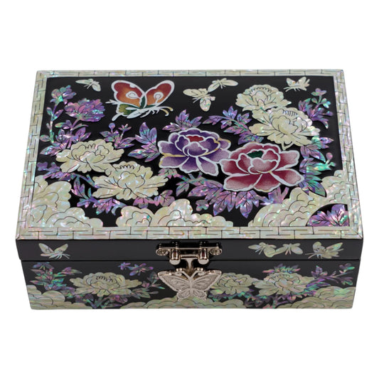 Handcrafted mother of pearl jewelry box with floral and butterfly inlay, glossy black lacquer finish and butterfly metal clasp, front view closed