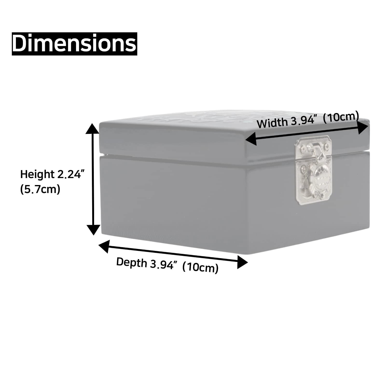 Jewelry box size chart showing 10×10×5.7cm with arrows for width, depth, and height
