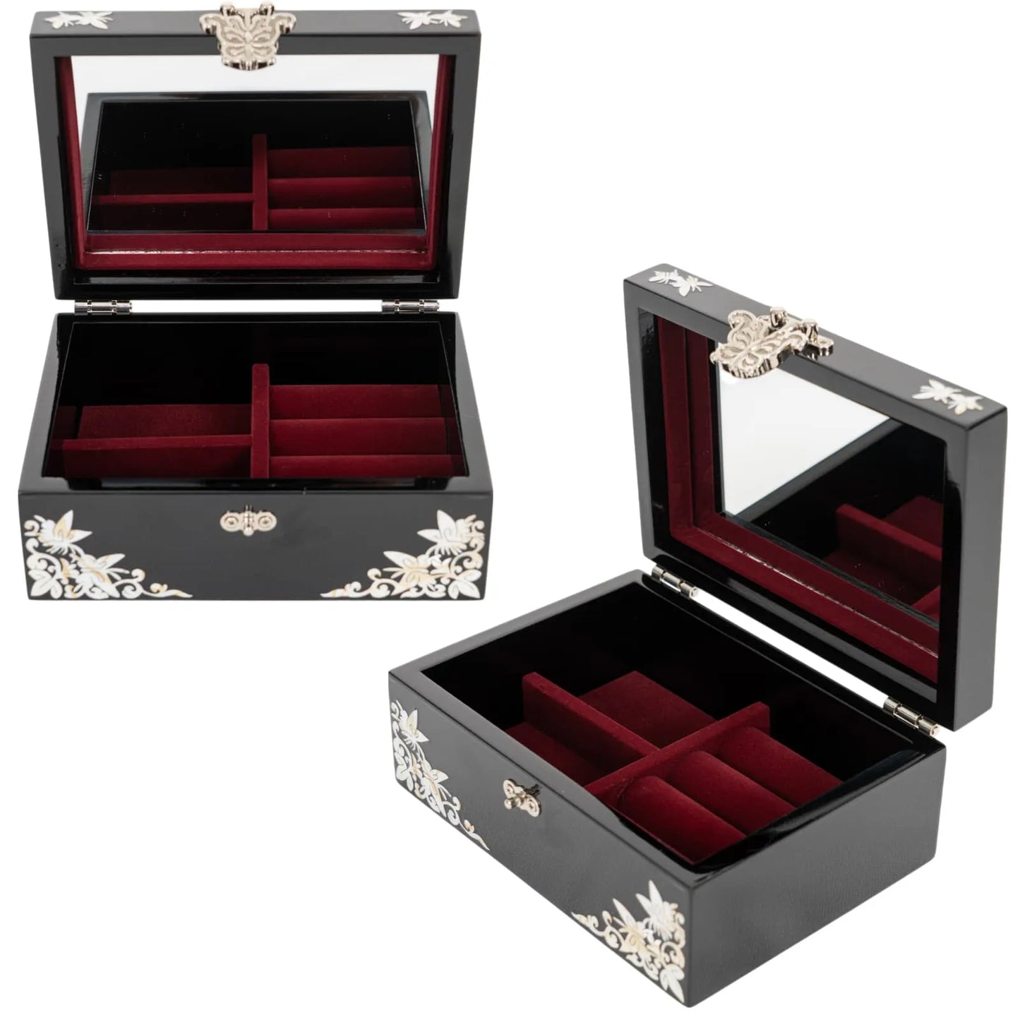 Jewelry box with mirror and red velvet compartments for rings and accessories